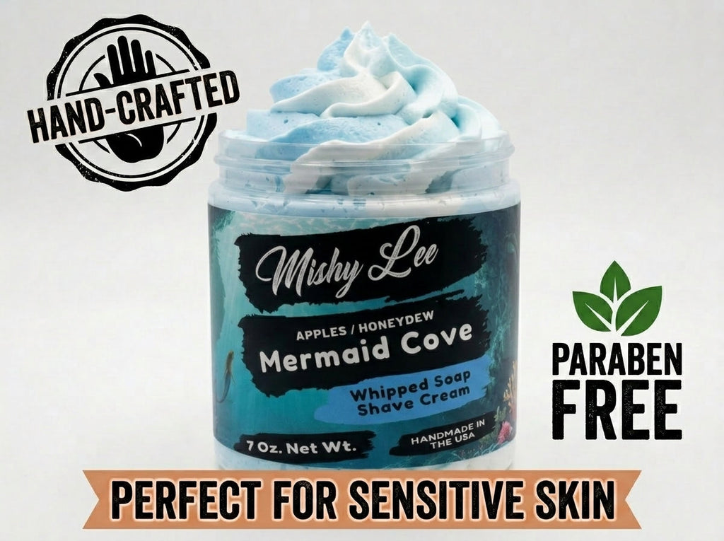 Light blue whipped soap and shave cream jar with paraben-free badge graphic.
