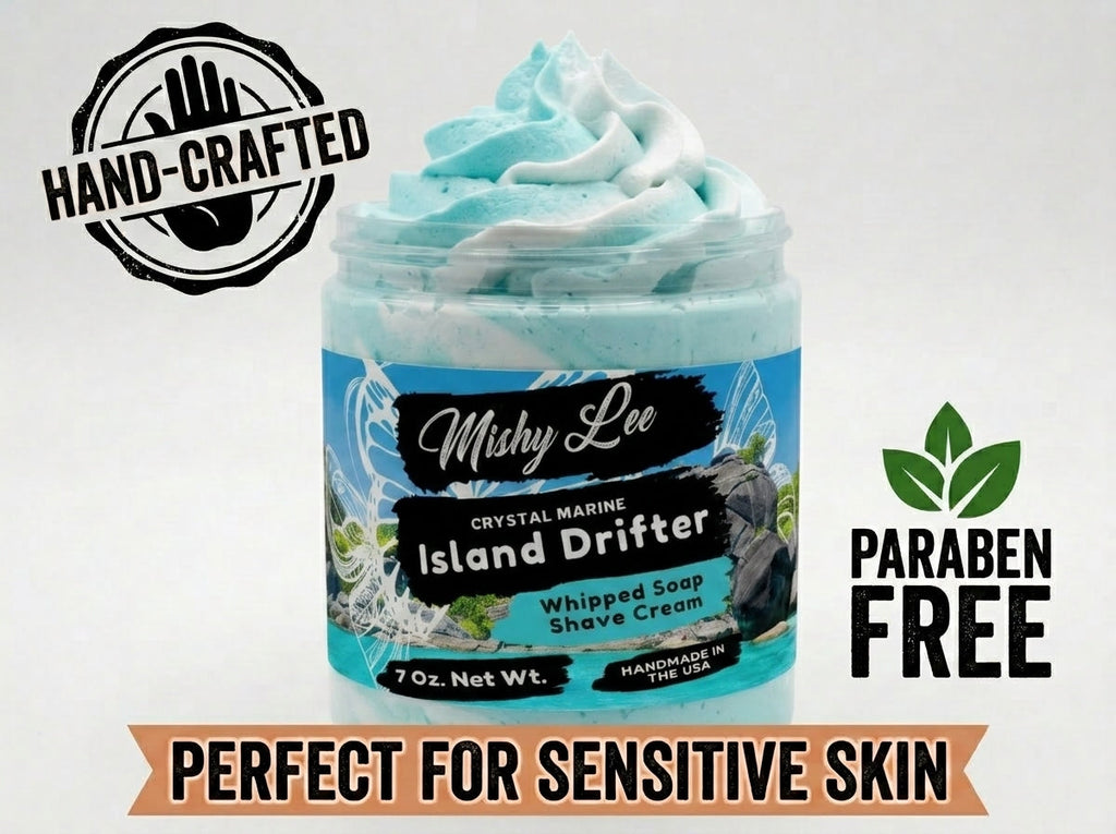 Whipped soap and shave cream jar with turquoise foam top and paraben-free badge