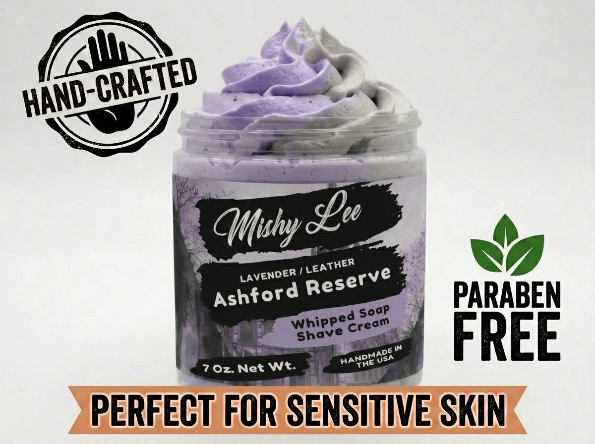 Lavender whipped soap/shave cream jar with hand-crafted and paraben-free badges