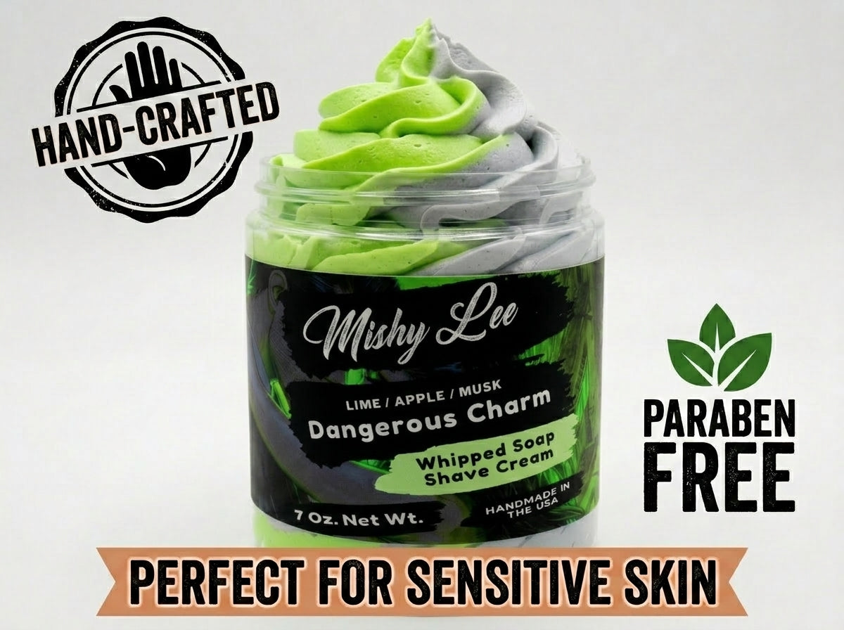 Whipped soap and shave cream jar with hand-crafted and paraben-free badges