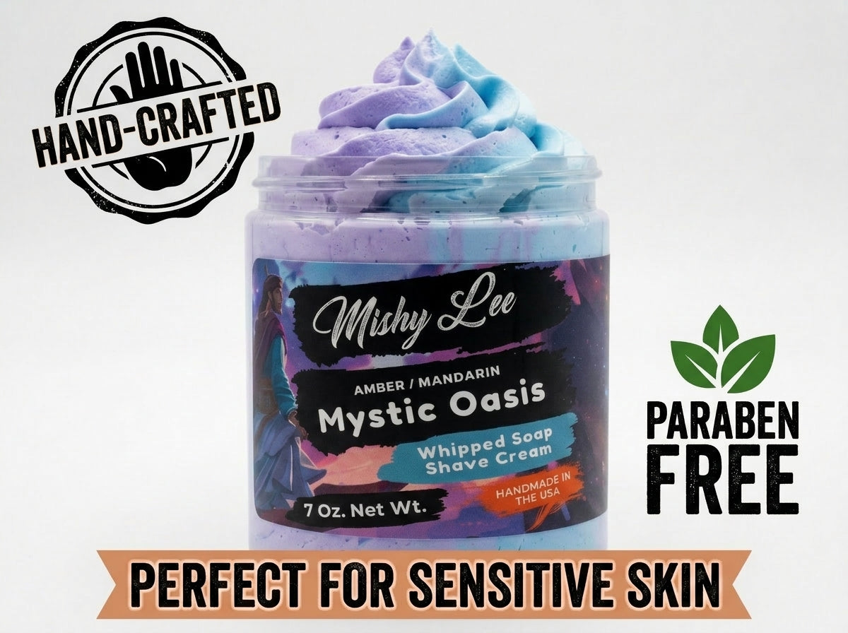 Whipped shave cream jar with hand-crafted and paraben-free badge, perfect for sensitive skin.