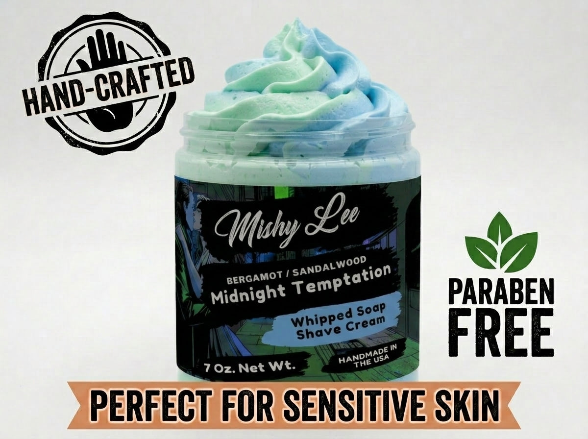 Mishy Lee whipped soap and shave cream jar with “Paraben Free” and “Hand-Crafted” badges