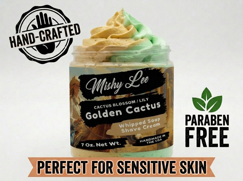 Whipped soap and shave cream jar with gold-and-green swirls and hand-crafted badge