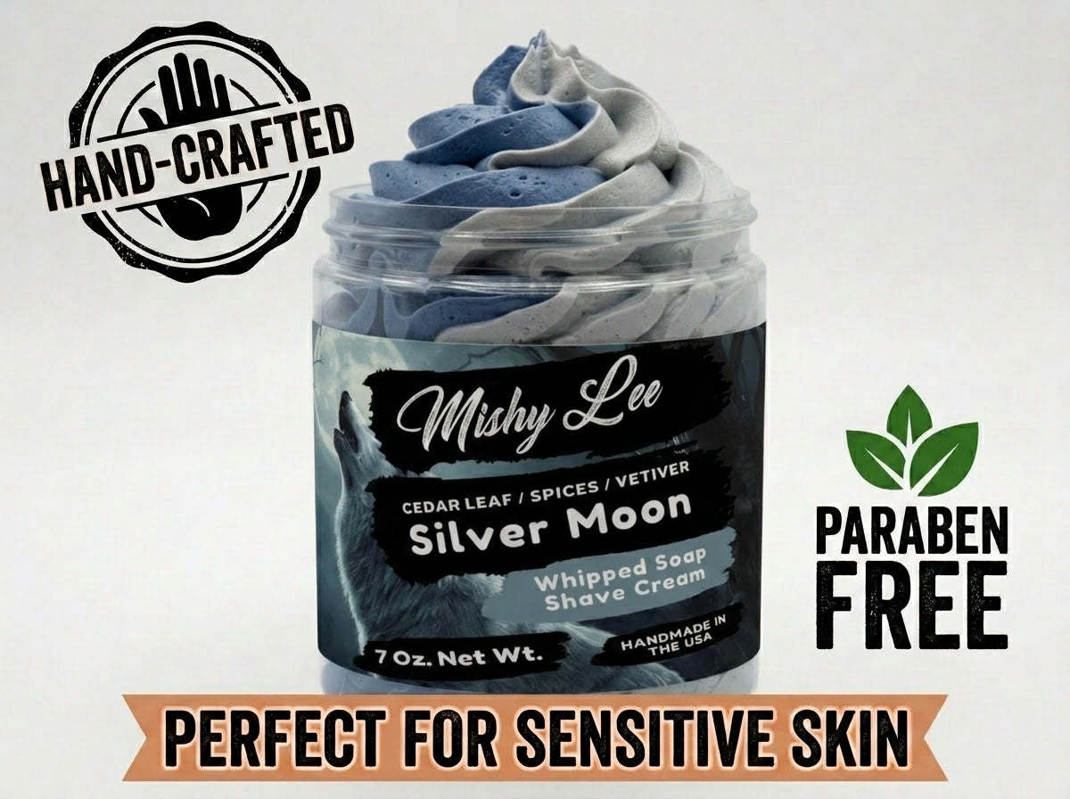 Mushy Lee Silver Moon whipped soap and shave cream jar with Hand-Crafted badge
