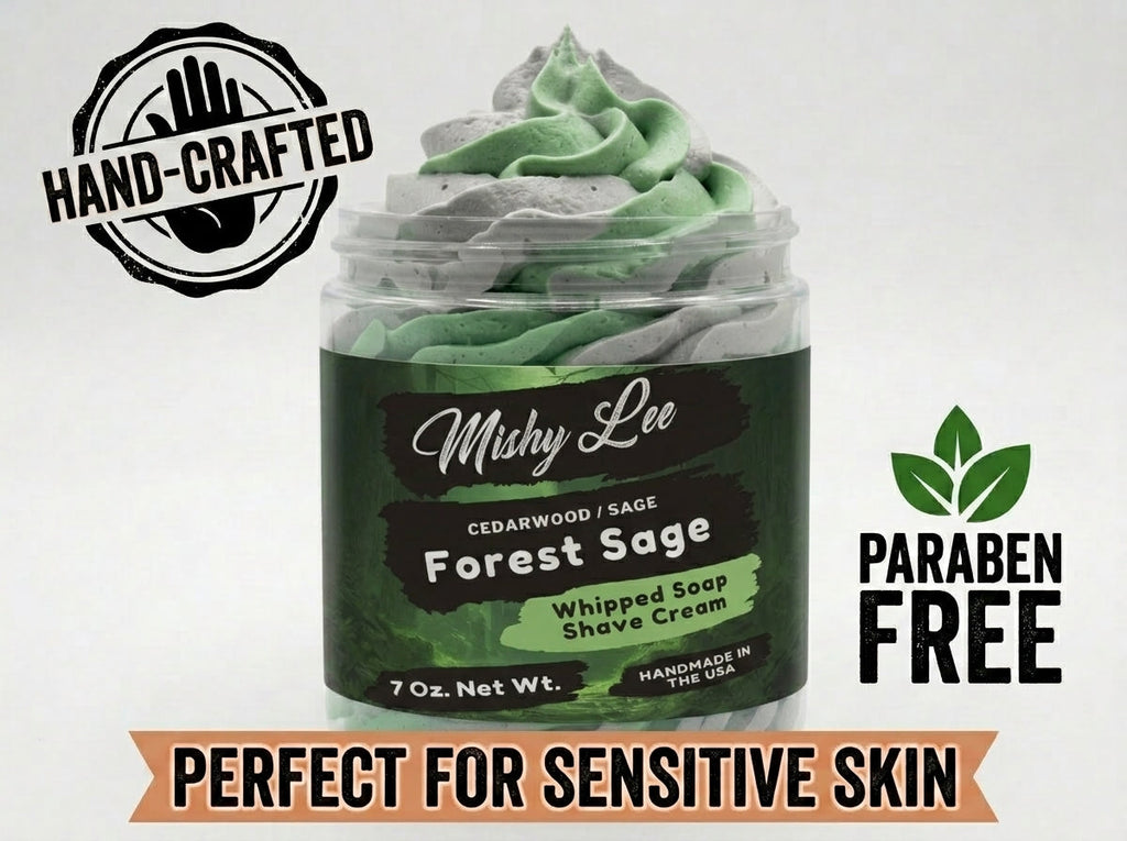 Whipped soap and shave cream jar with green foam swirls, hand-crafted label