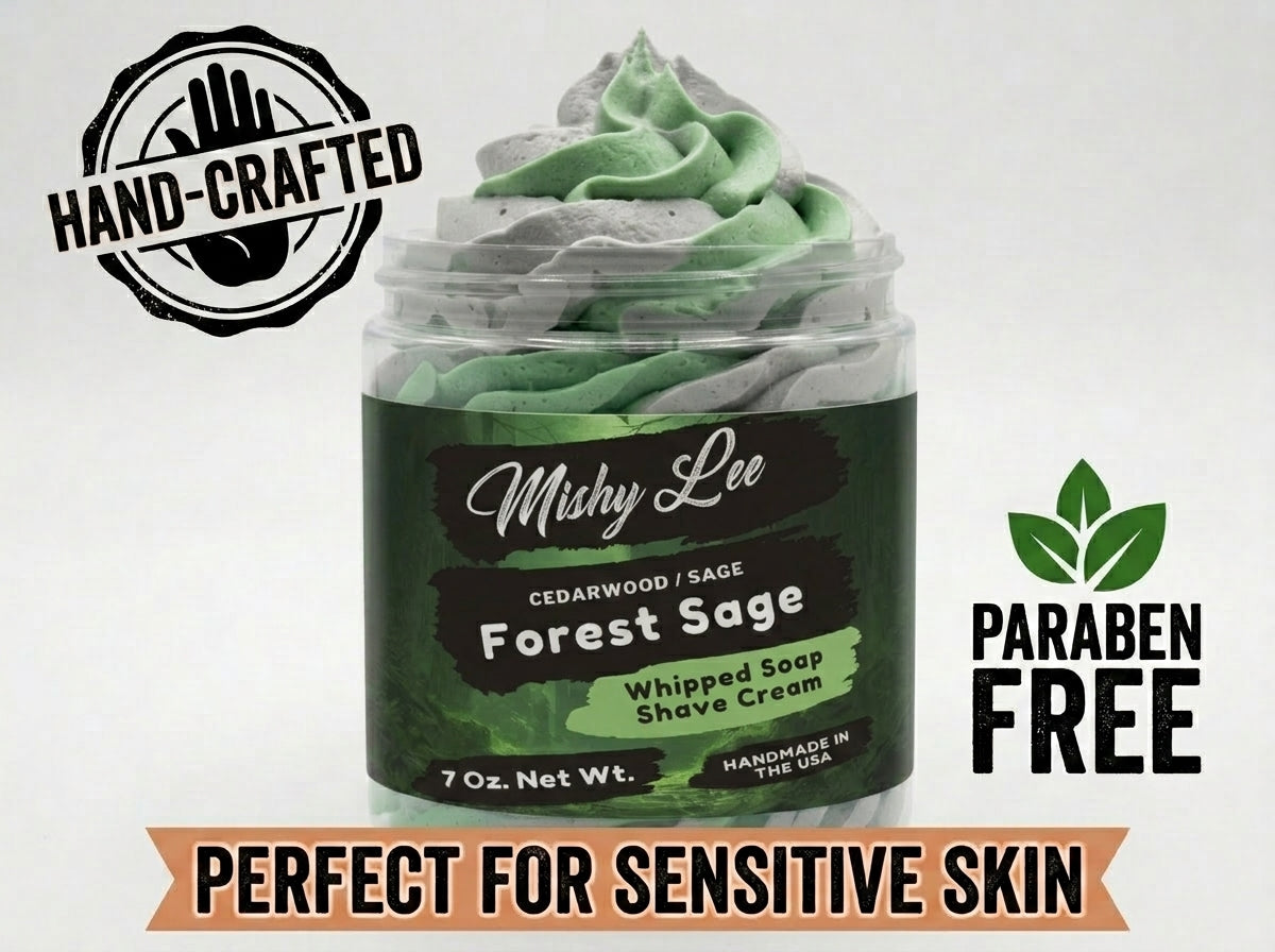 Whipped soap and shave cream jar with green foam swirls, hand-crafted label