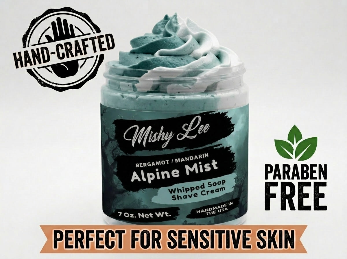 Men’s whipped soap and shave cream jar with hand-crafted and paraben-free badge.