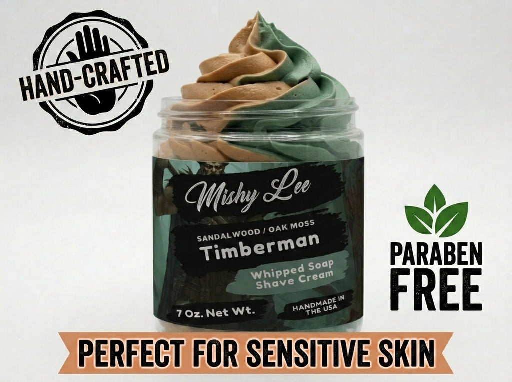 Hand-crafted label and “Paraben Free” shown with men's whipped soap and shave cream jar