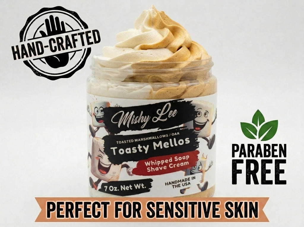 Jar of whipped soap and shave cream with Paraben Free badge and lather swirls