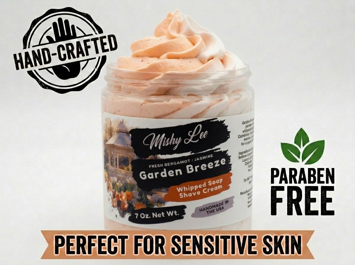 Whipped soap and shave cream jar with label, hand-crafted and paraben-free badges