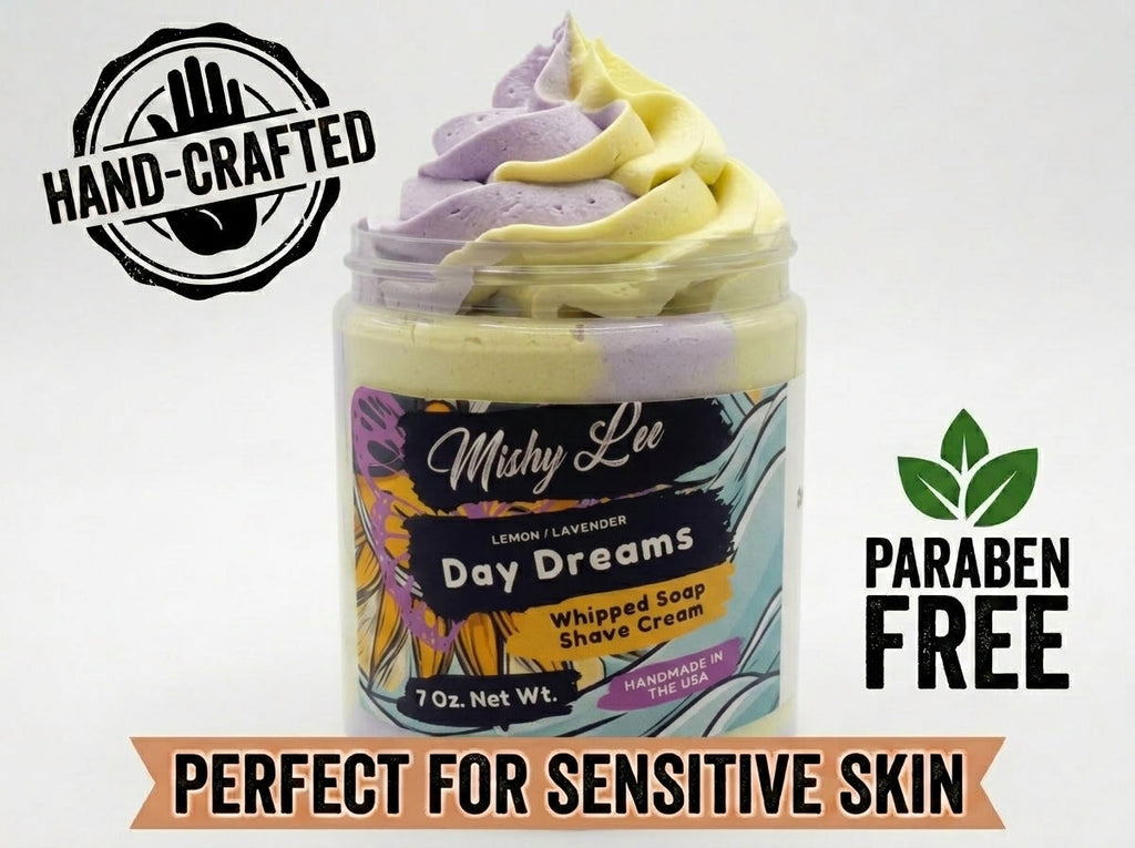 Day Dreams whipped soap and shave cream jar labeled paraben-free, hand-crafted