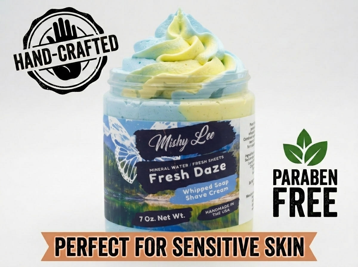Whipped soap and shave cream jar with HAND-CRAFTED and PARABEN FREE icons