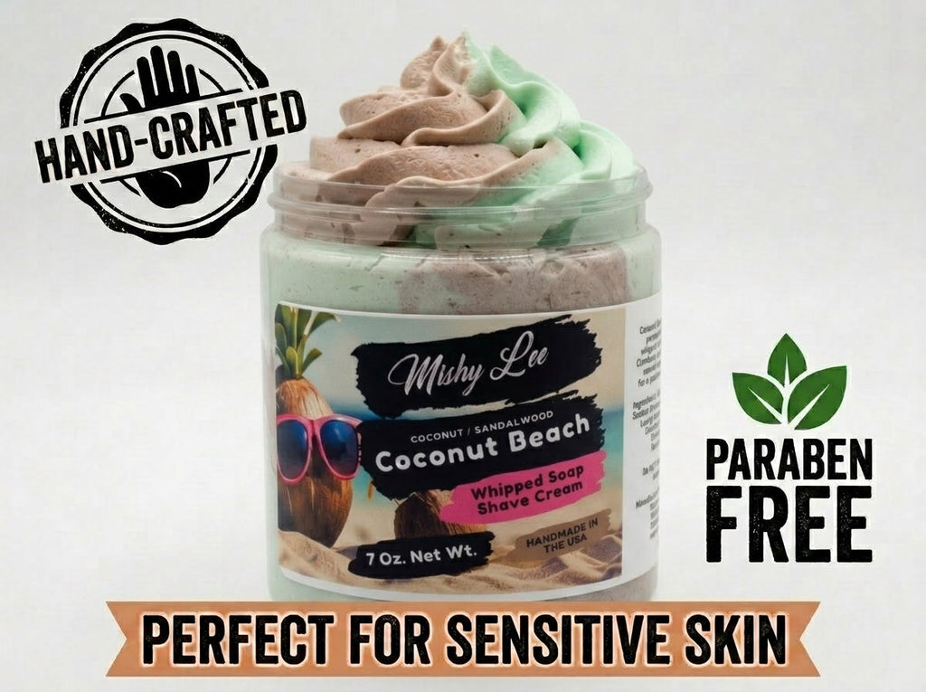 Whipped soap and shave cream jar with labels reading paraben-free and hand-crafted