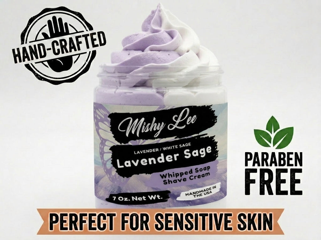Lavender Sage whipped soap and shave cream jar with label text and badges
