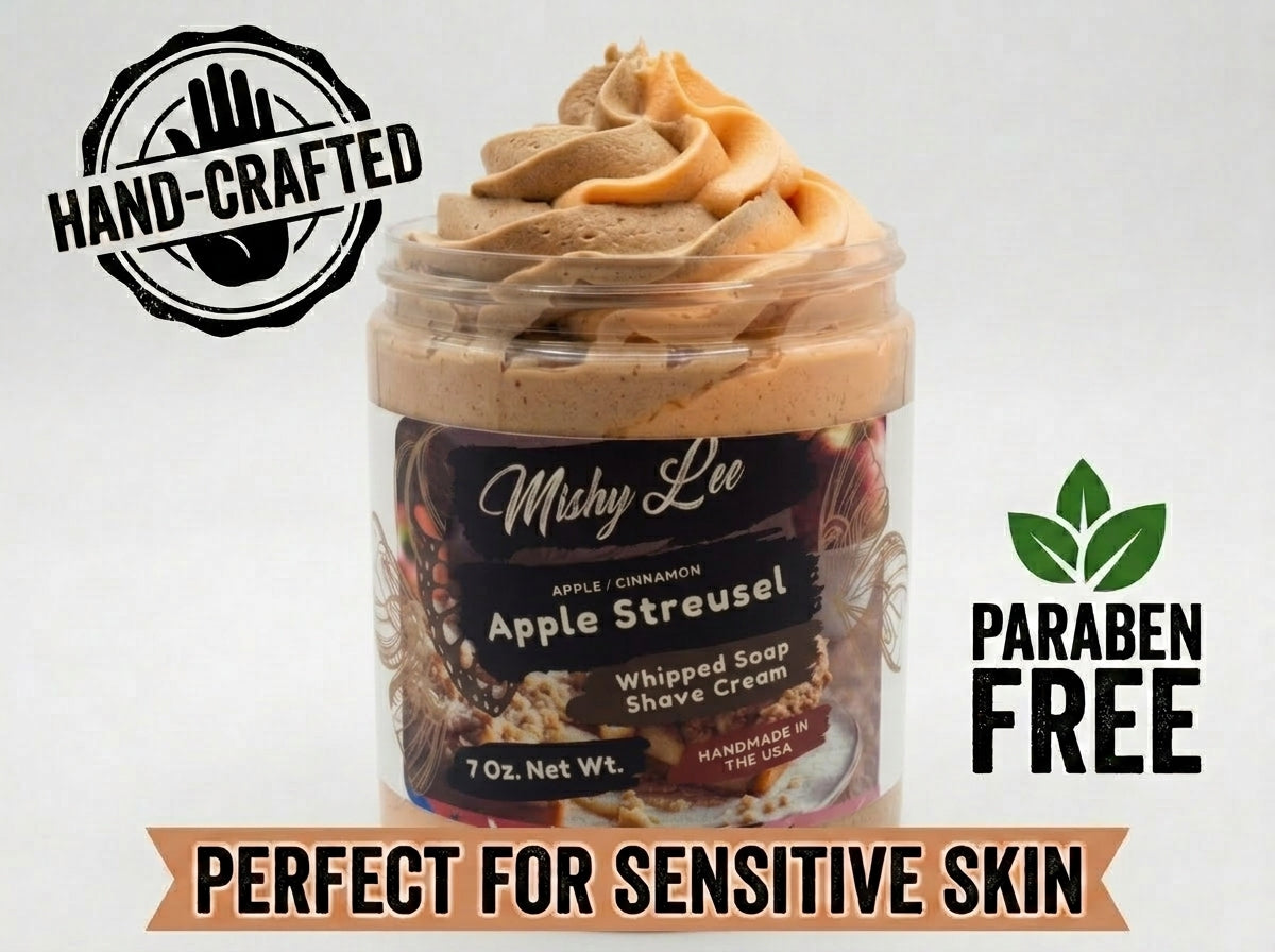 Whipped soap and shave cream jar with hand-crafted and paraben-free badge text