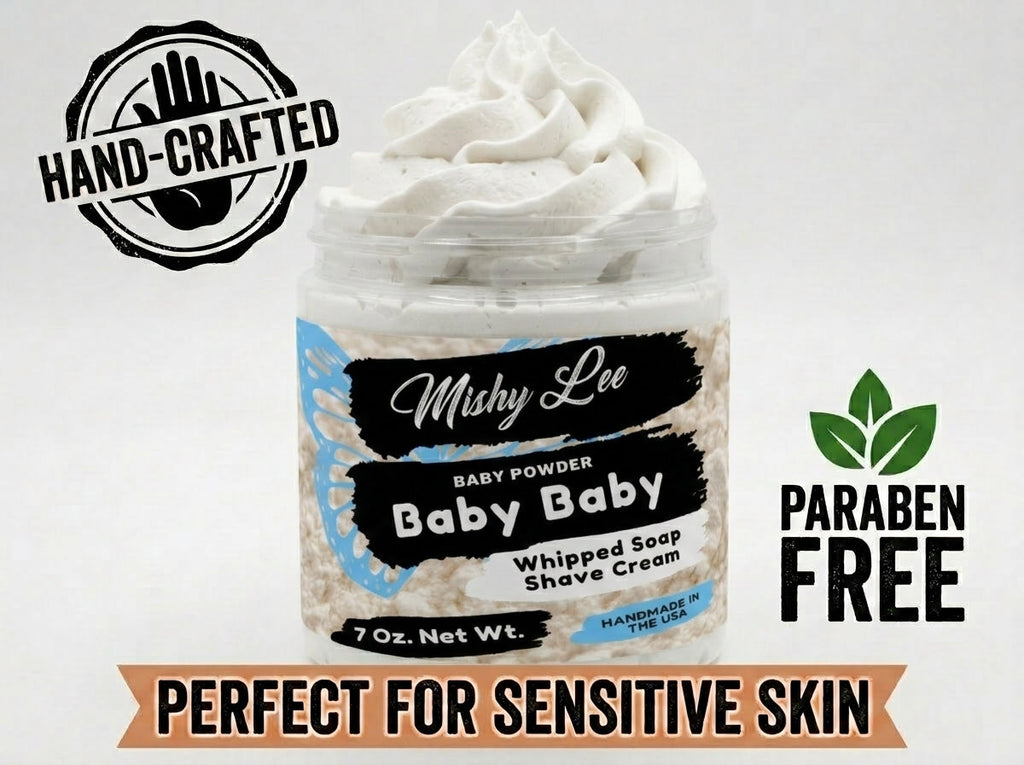 Baby whipped soap and shave cream jar with white whipped top and Mishy Lee label