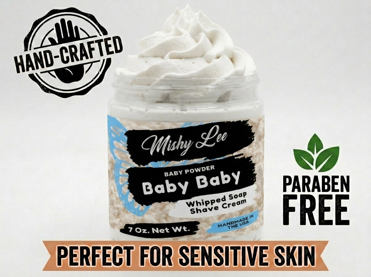 Baby whipped soap and shave cream jar with white whipped top and Mishy Lee label