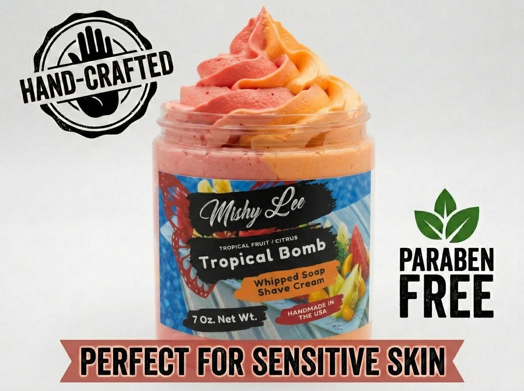 Hand-crafted whipped soap and shave cream jar with Paraben Free and sensitive skin text