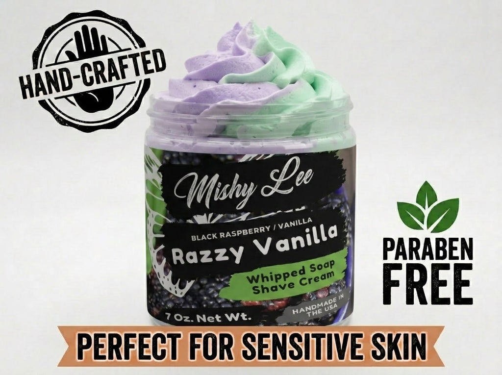 Whipped soap and shave cream jar with label and paraben-free badge, purple and mint swirls