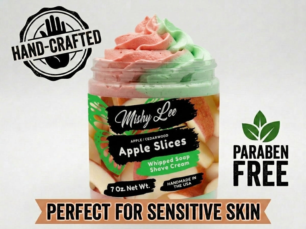 Whipped soap and shave cream jar with brand label and Paraben Free badge
