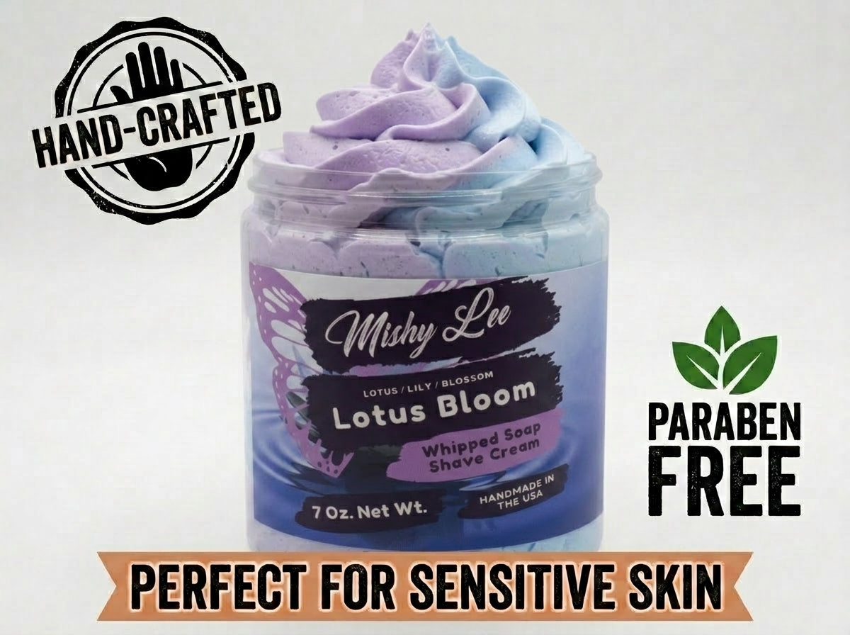 Whipped soap and shave cream jar with Hand-crafted and Paraben Free labels