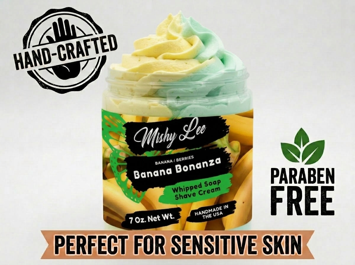 Whipped soap and shave cream jar with “Hand-crafted” and “Paraben Free” badges