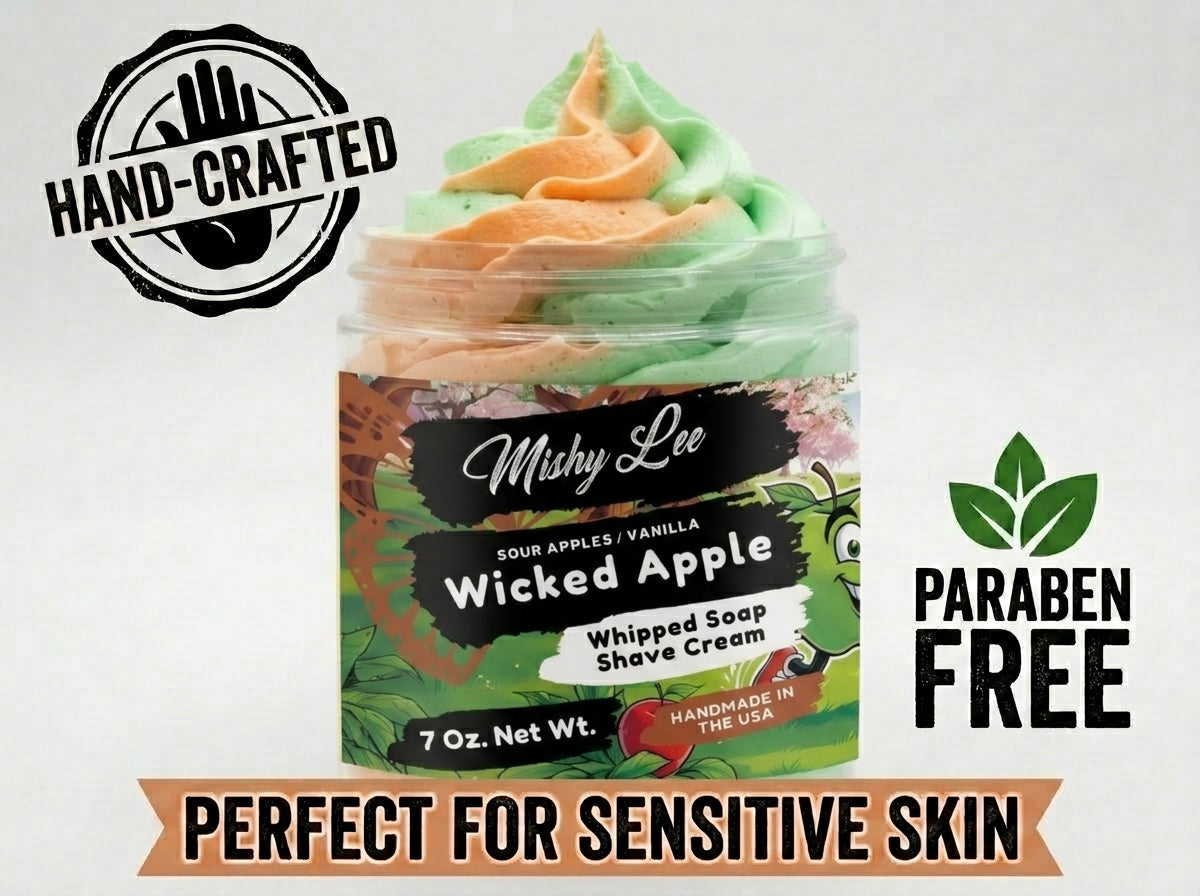 Whipped soap and shave cream jar with green label and text badges for paraben-free.