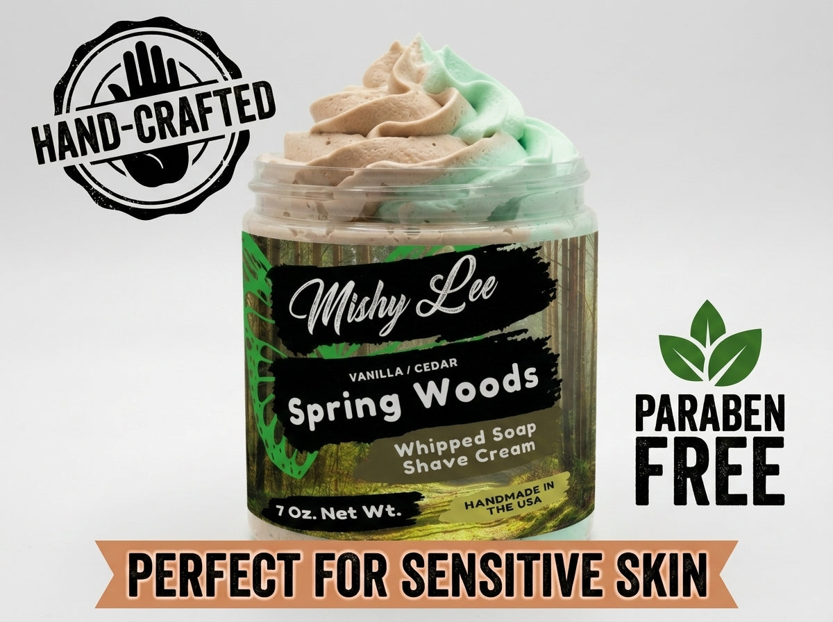 Mishy Lee Spring Woods whipped soap and shave cream with Paraben Free and Hand-Crafted badges