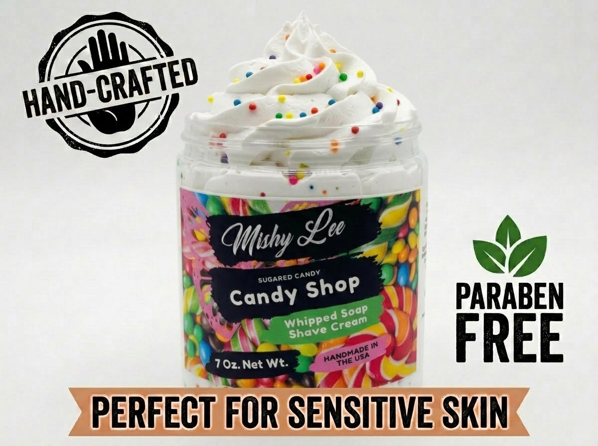 Mishy Lee Candy Shop whipped soap jar; hand-crafted, paraben free badge
