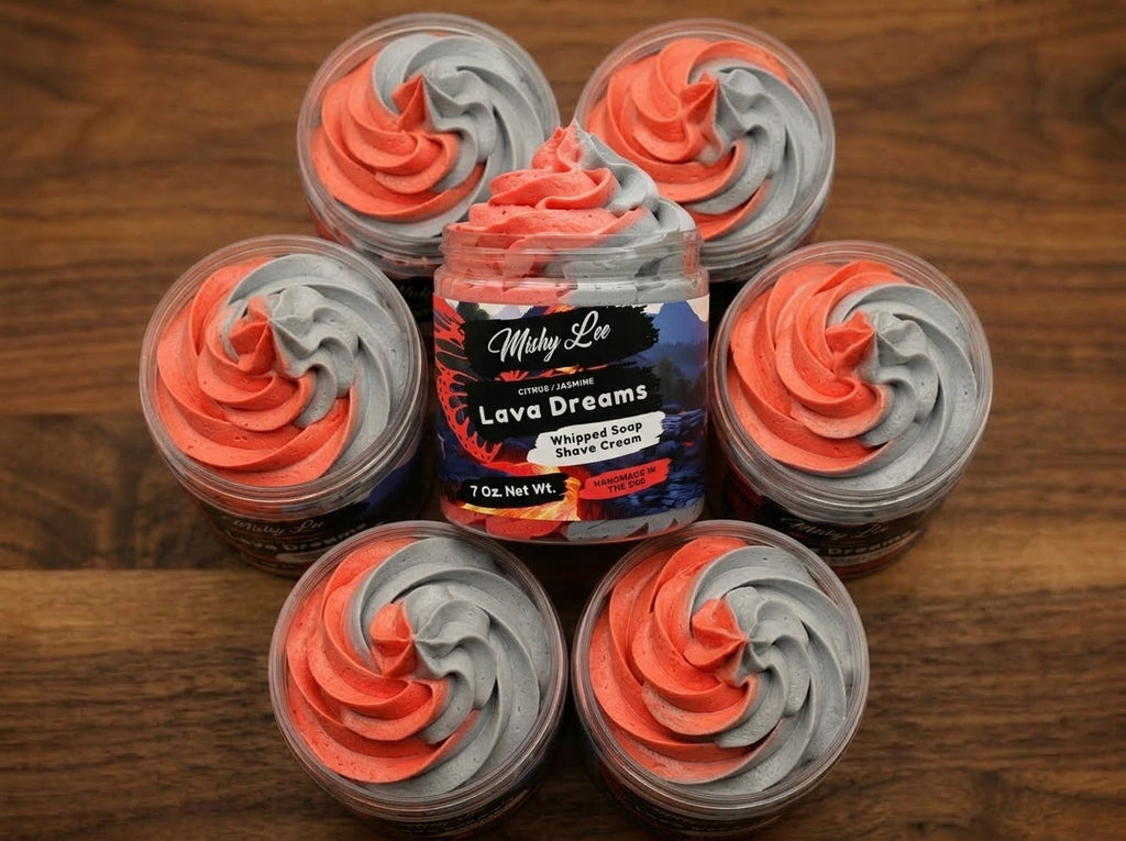 Set of small jars of whipped soap and shave cream with red and gray swirl tops