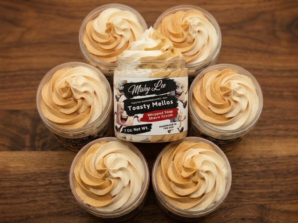 Set of small containers with cream and tan swirled whipped soap tops