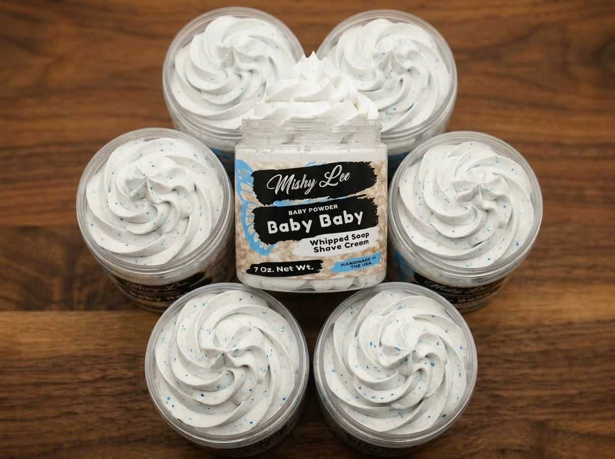 Set of baby whipped soap and shave cream tubs with white swirl tops