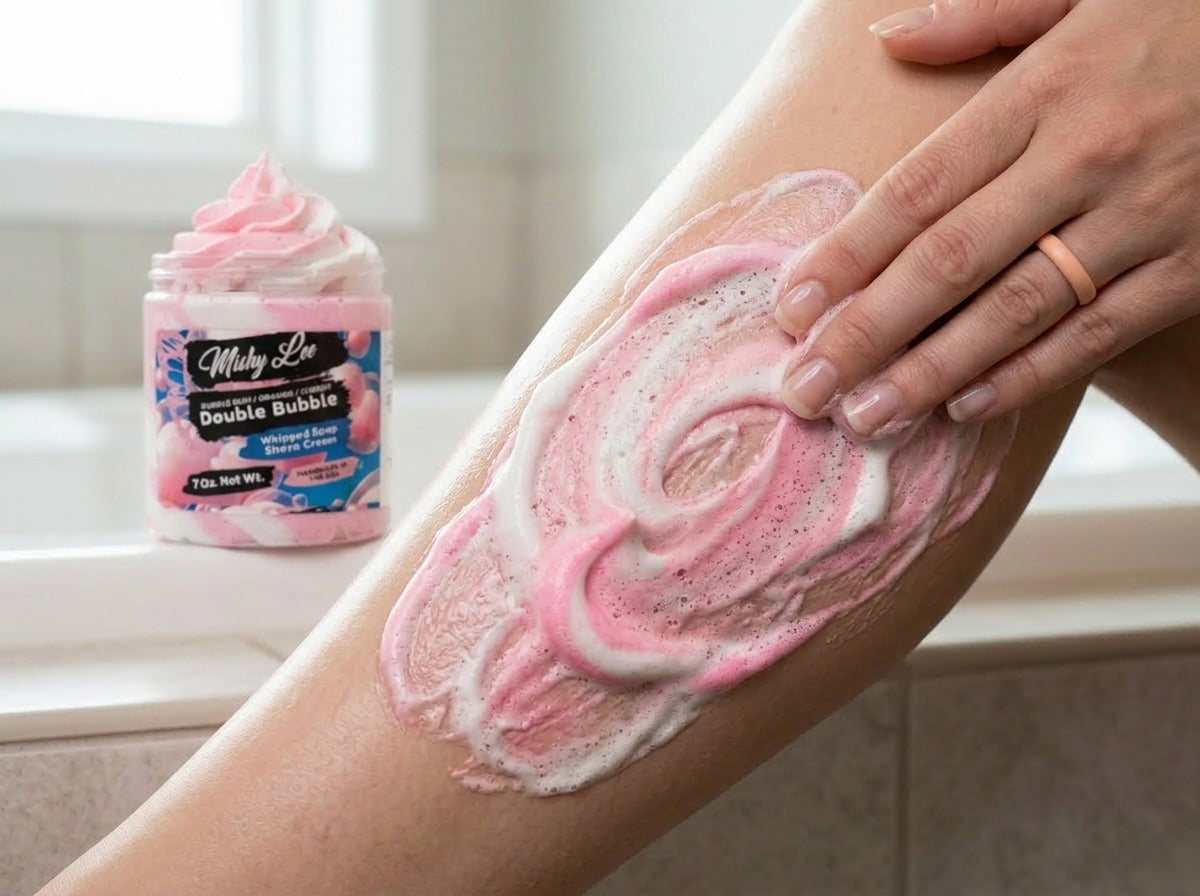 Whipped soap spread on forearm with tub of pink foam nearby