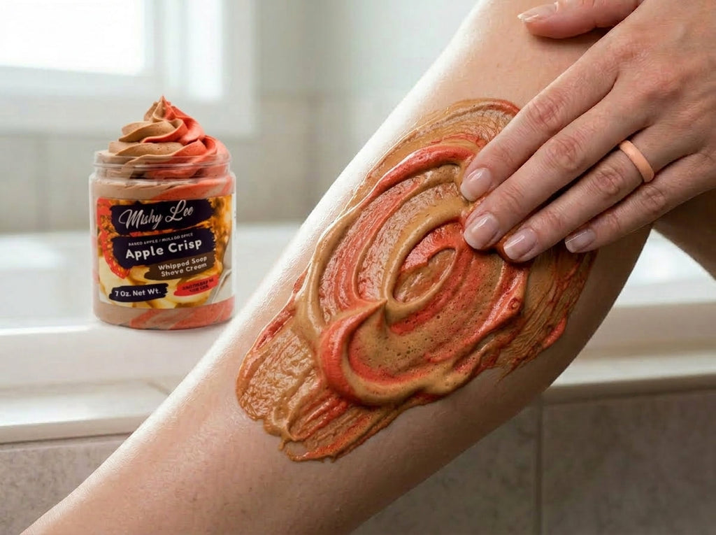 Whipped soap and shave cream spread on skin, pink and brown spiral