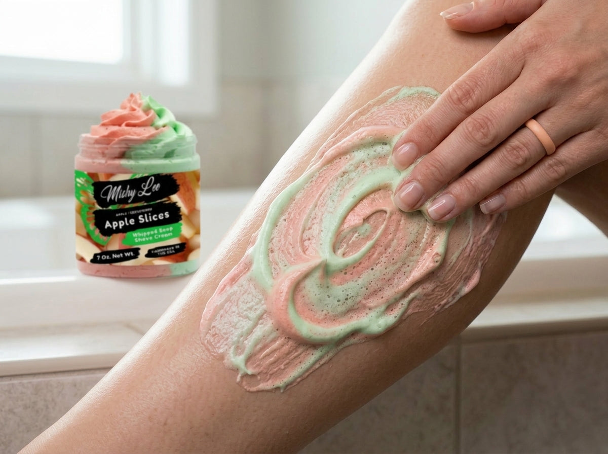 Whipped soap spread on skin with green and pink swirl texture