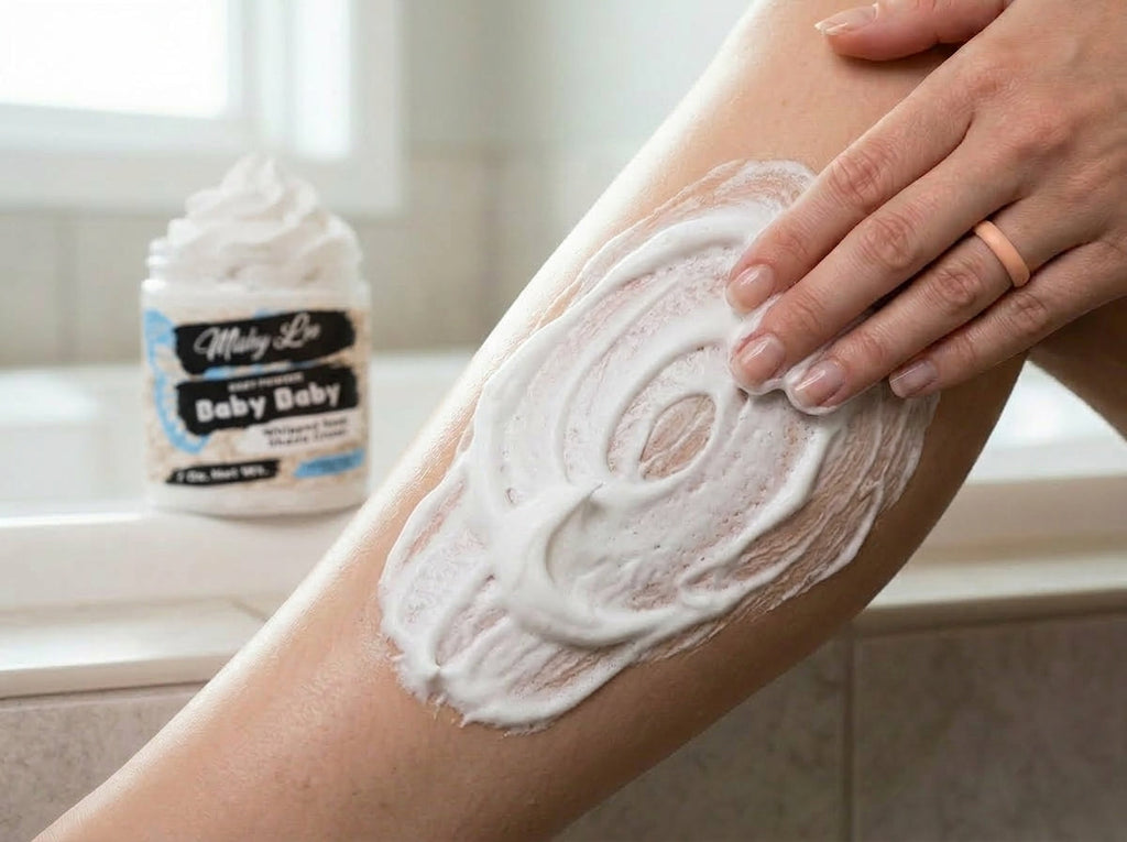 Whipped soap and shave cream applied to skin in thick white layer