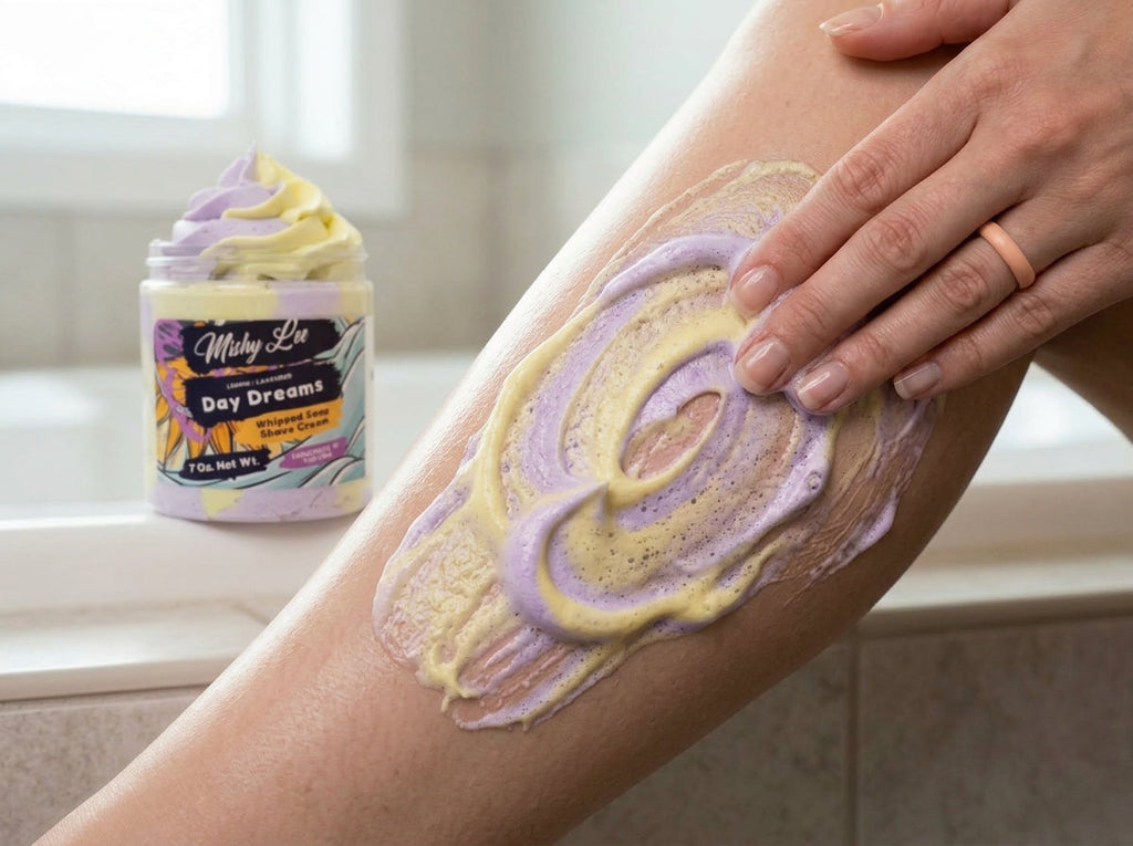 Whipped soap and shave cream swirl on skin, purple and yellow with frothy texture