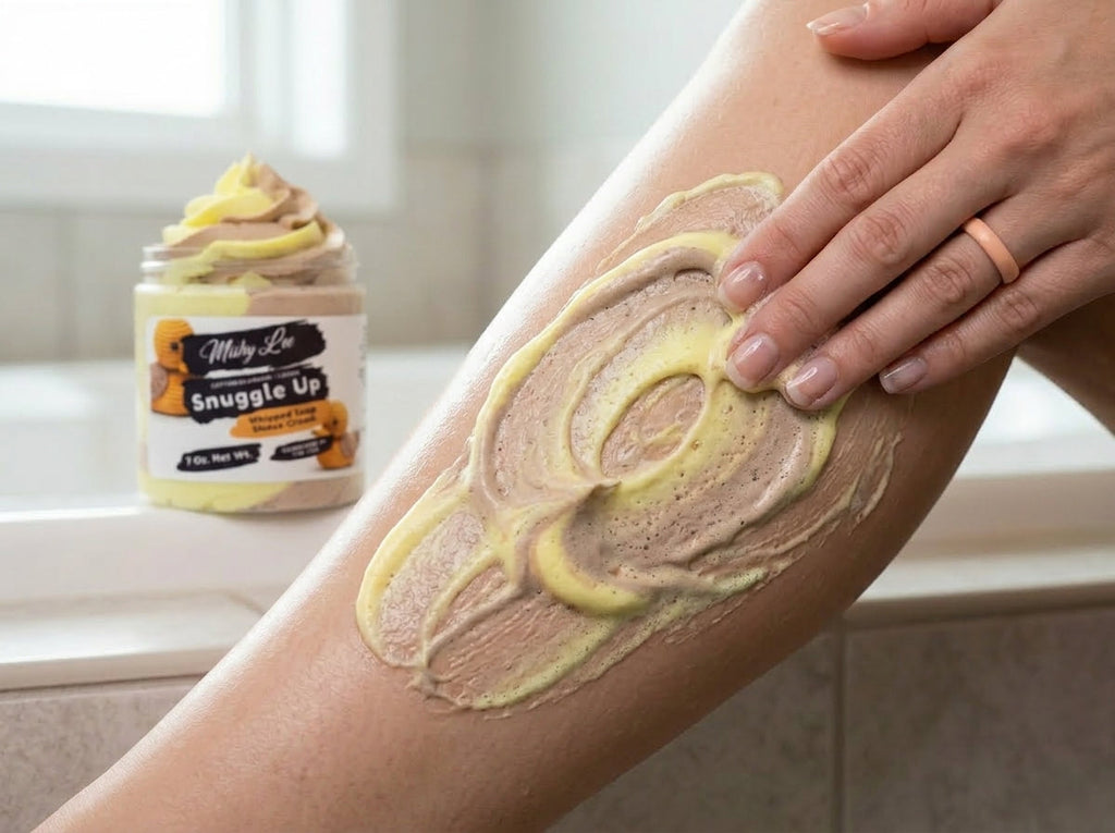 Whipped soap and shave cream spread on forearm, with jar in background