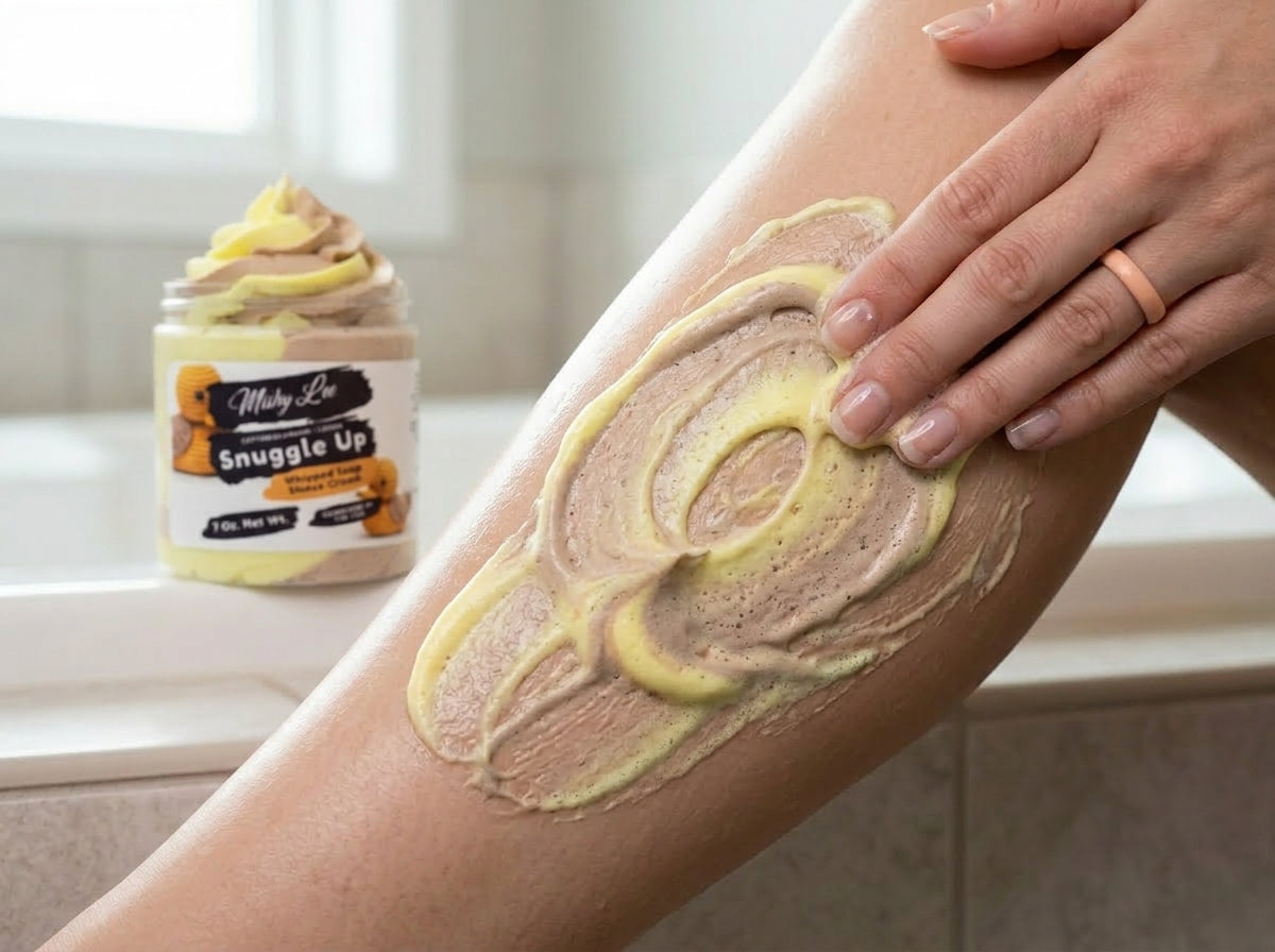Whipped soap and shave cream spread on forearm, with jar in background