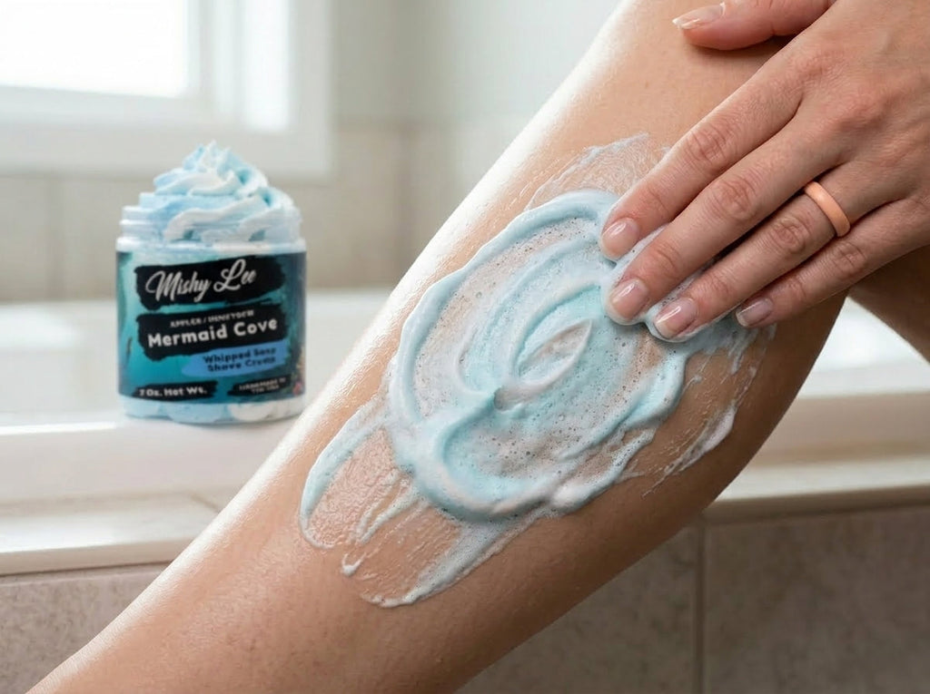 Light blue whipped soap lather on an arm with the jar nearby.