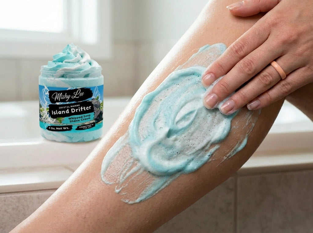Turquoise whipped soap and shave cream spread on a forearm