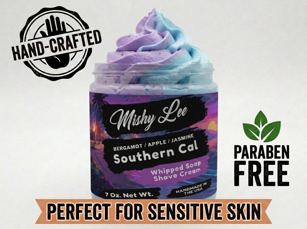 Southern Cal whipped soap and shave cream jar with hand-crafted and paraben-free label badges