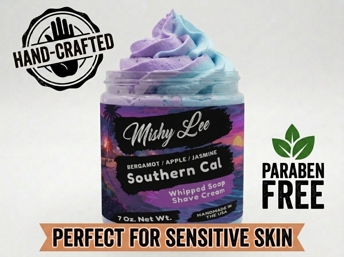 Southern Cal whipped soap and shave cream jar with hand-crafted and paraben-free label badges