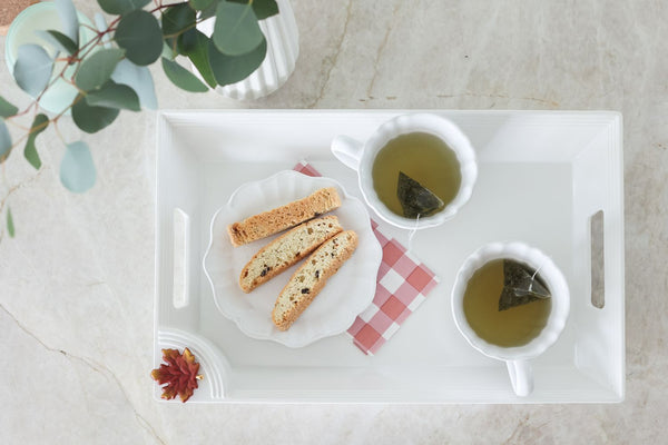 Mini fall leaves ceramic accent on tray with tea cups and bread