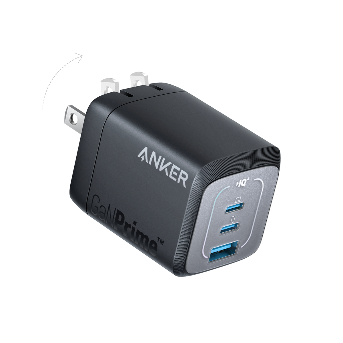 Anker Prime 67W GaN wall charger, black with 3 USB ports and foldable prongs
