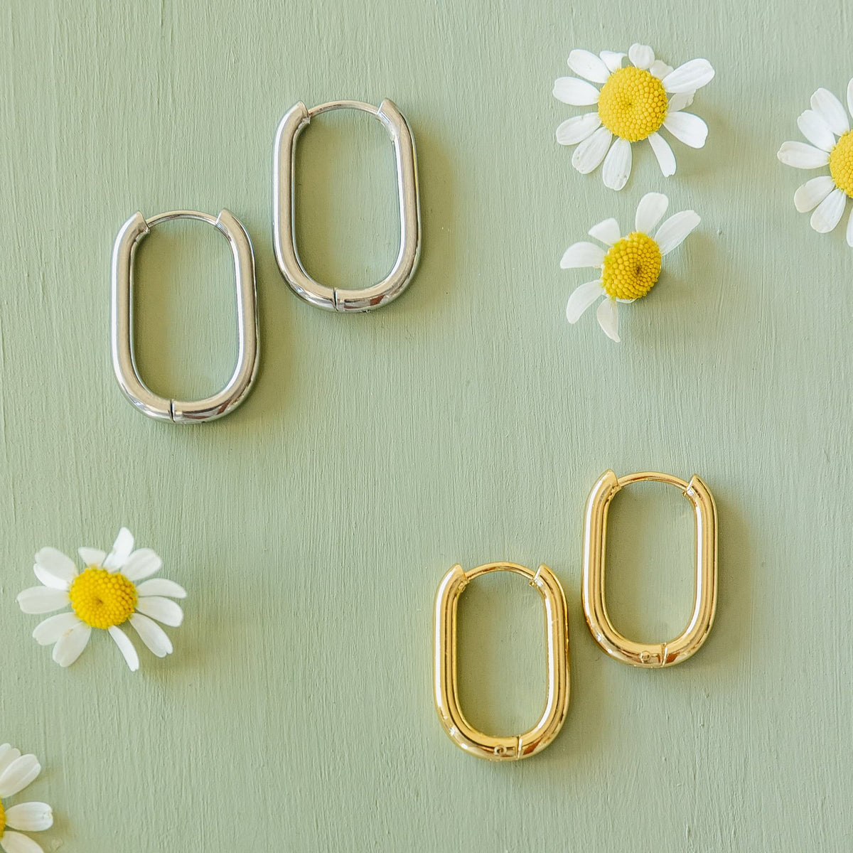 Rectangular hoop earrings set: silver and gold smooth polished metal frames