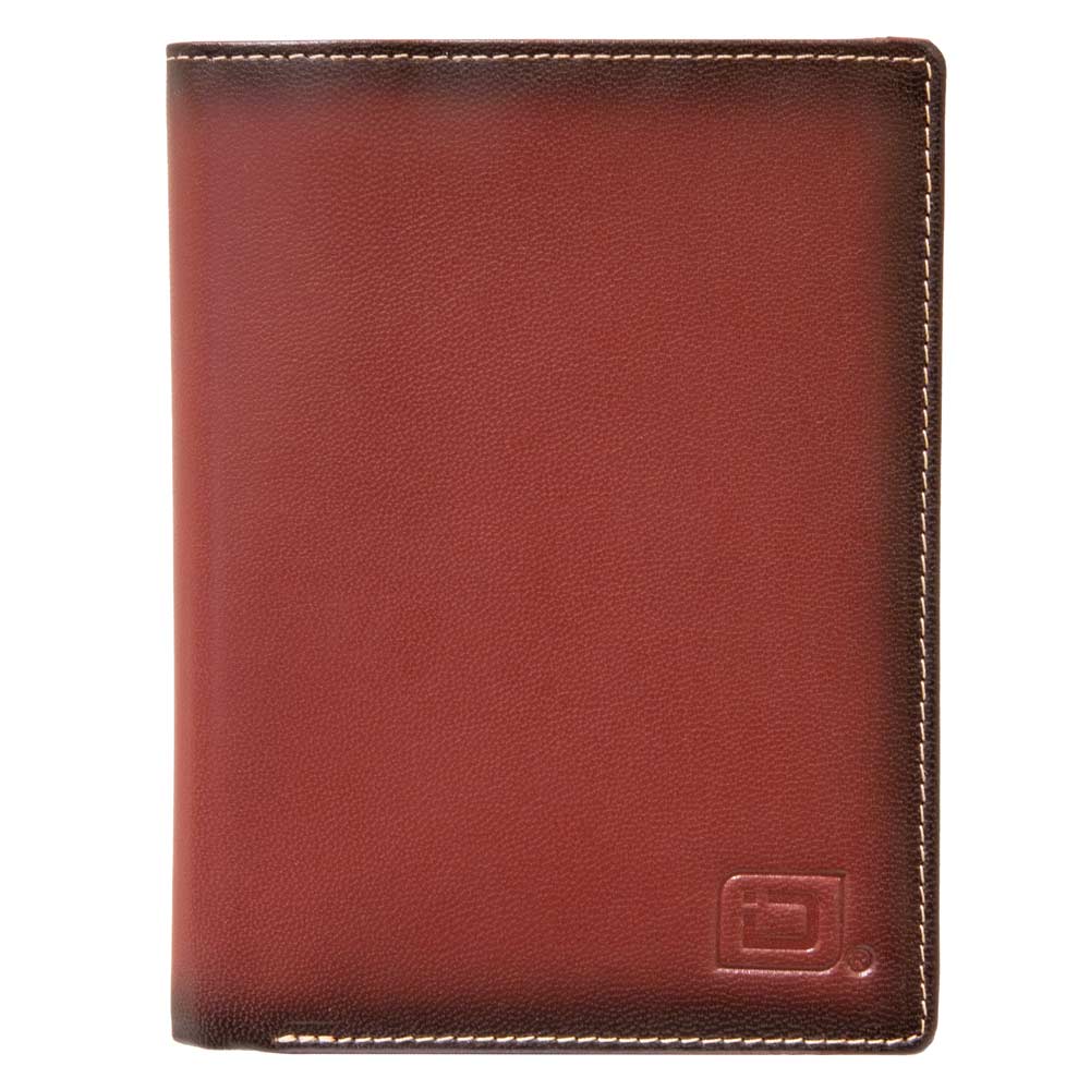 Red leather passport wallet with embossed logo and contrast stitching, front view.