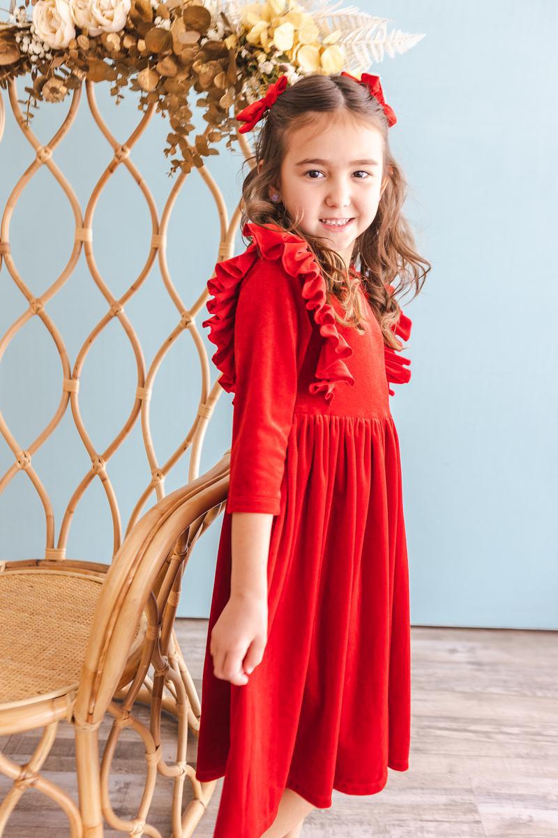 Red velvet twirl dress with ruffle-trim long sleeves and flared gathered skirt
