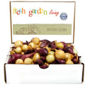 Mixed yellow and red onion sets displayed in an open box