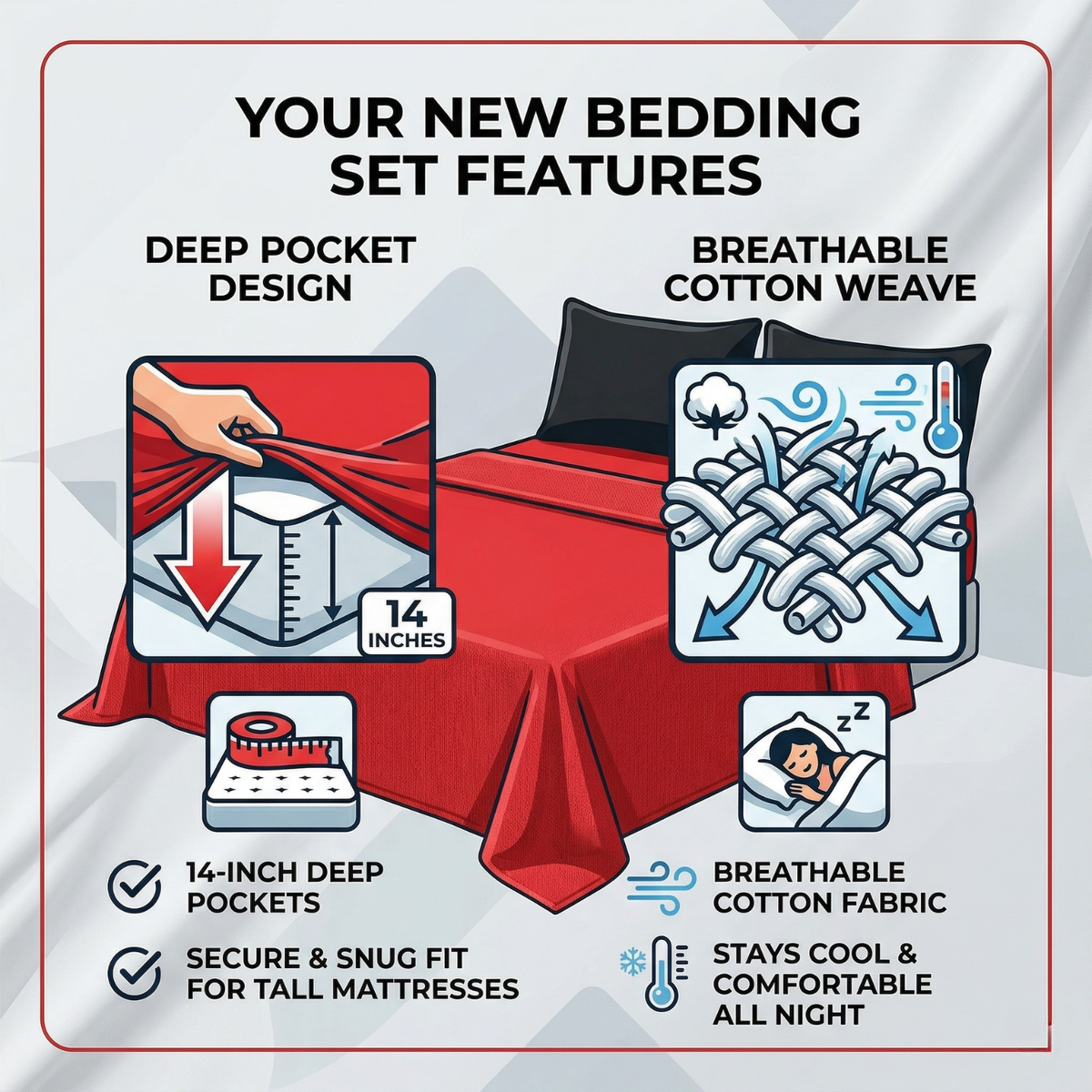 Red and black cotton sheet set features graphic with pocket and breathable fabric icons